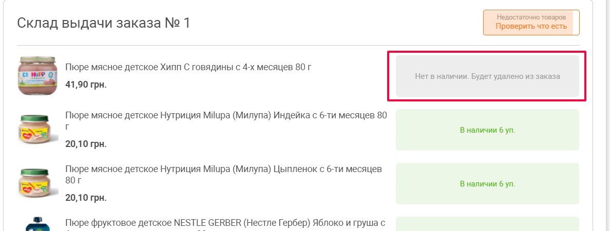 Скрин экрана - при заходе в склад видна информация о том, какого товара нет в наличии